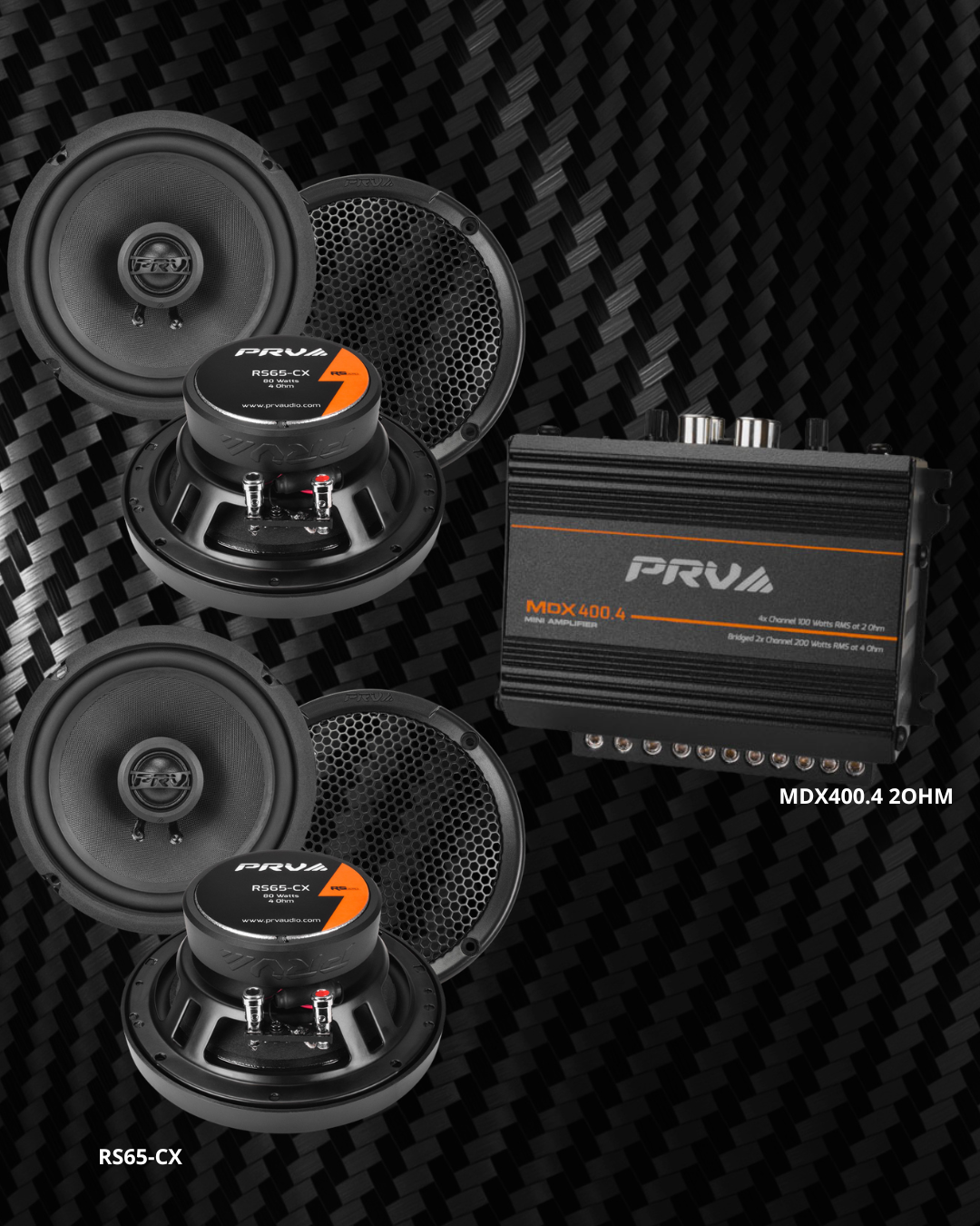 COMBO PRV AMPLIFICADOR 400.4 Y 4 BOCINAS 6" RS65-CX COAXIAL